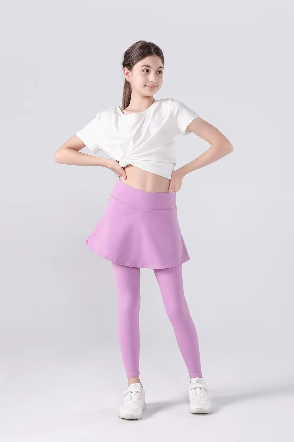 2 in 1 Girls Leggings with Skirt High Waisted Tennis Athletic Flowy Skirted Legging with Pockets for Kid