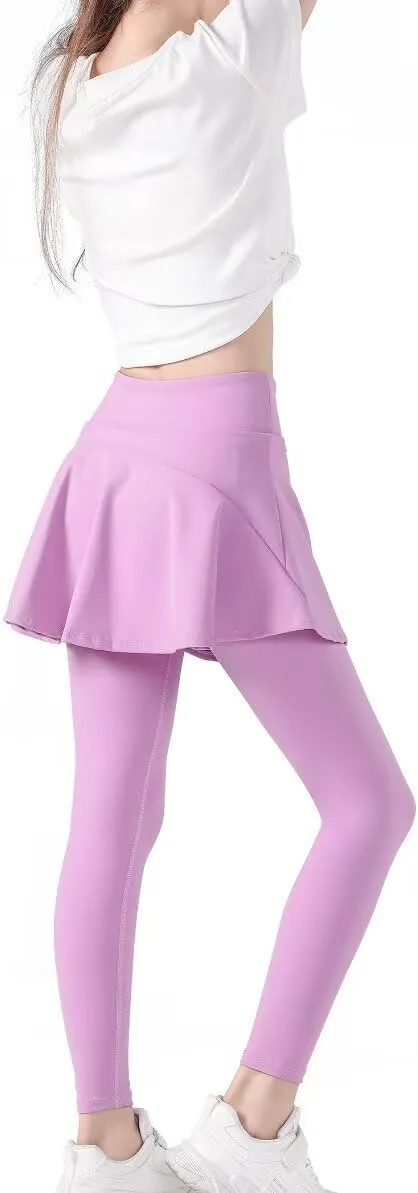 2 in 1 Girls Leggings with Skirt High Waisted Tennis Athletic Flowy Skirted Legging with Pockets for Kid