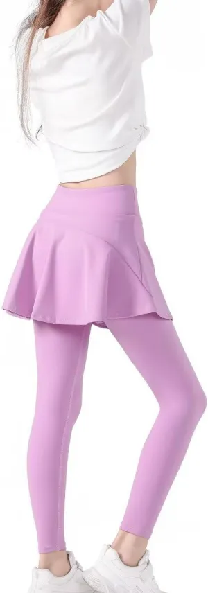 2 in 1 Girls Leggings with Skirt High Waisted Tennis Athletic Flowy Skirted Legging with Pockets for Kid