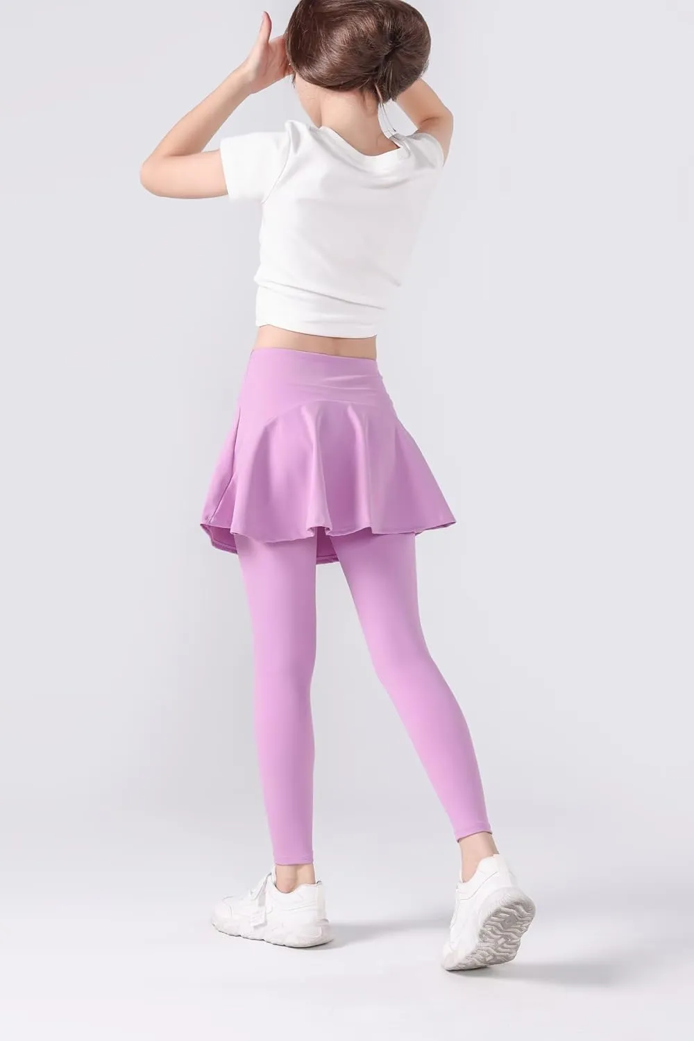 2 in 1 Girls Leggings with Skirt High Waisted Tennis Athletic Flowy Skirted Legging with Pockets for Kid