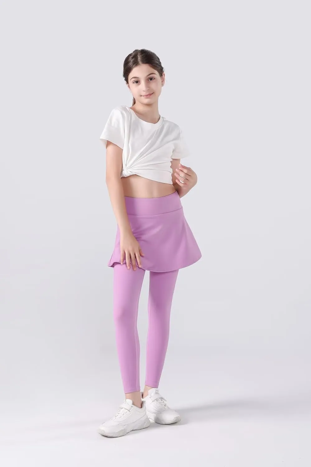 2 in 1 Girls Leggings with Skirt High Waisted Tennis Athletic Flowy Skirted Legging with Pockets for Kid