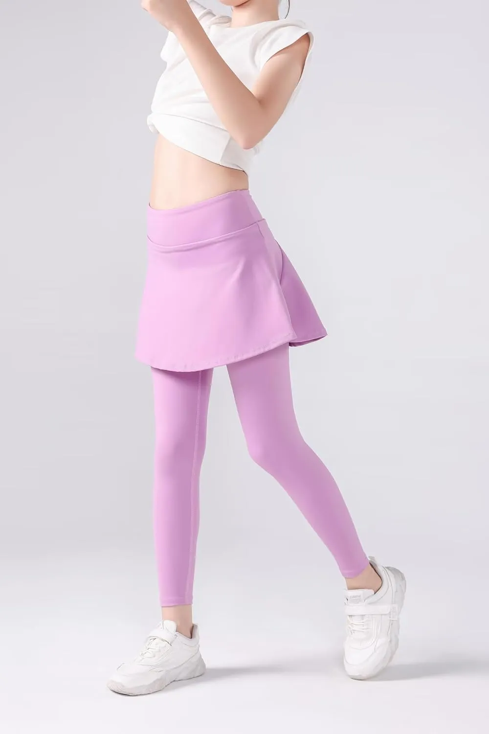 2 in 1 Girls Leggings with Skirt High Waisted Tennis Athletic Flowy Skirted Legging with Pockets for Kid
