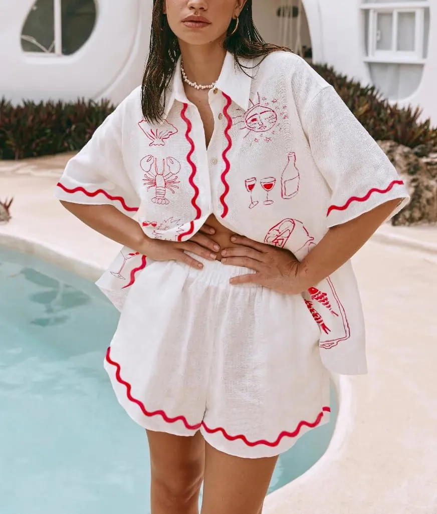 2 Piece Lounge Sets for Women Summer Casual Beach Vacation Two Piece Outfits Button down Pajamas Ric Rac Shorts Set