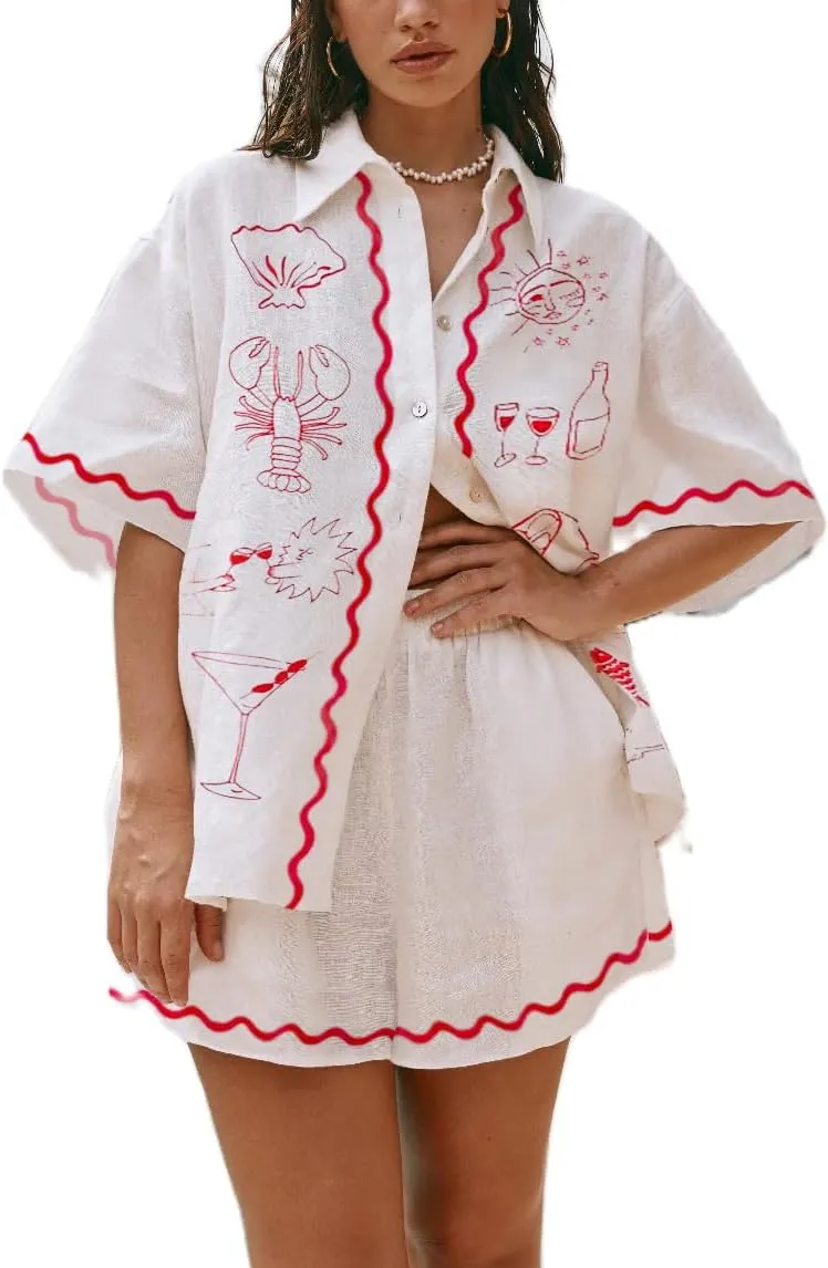 2 Piece Lounge Sets for Women Summer Casual Beach Vacation Two Piece Outfits Button down Pajamas Ric Rac Shorts Set