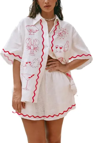 2 Piece Lounge Sets for Women Summer Casual Beach Vacation Two Piece Outfits Button down Pajamas Ric Rac Shorts Set