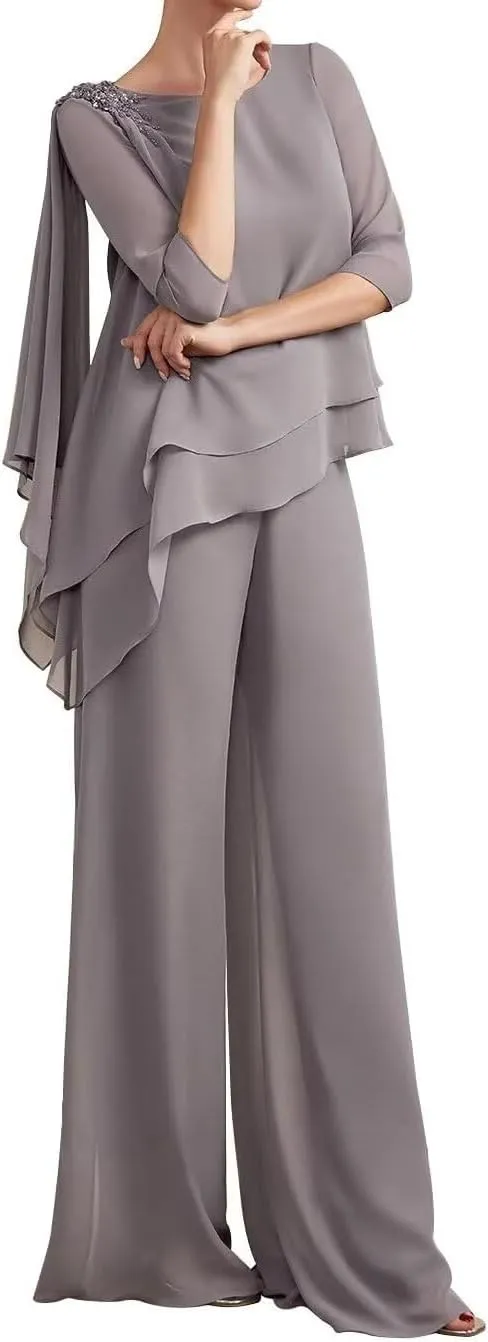 2 Piece Mother of The Bride Dresses Pant Suits Beaded Chiffon Wedding Guest Groom Plus Size Evening Formal Jumpsuit
