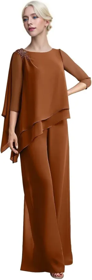 2 Piece Mother of The Bride Dresses Pant Suits Beaded Chiffon Wedding Guest Groom Plus Size Evening Formal Jumpsuit
