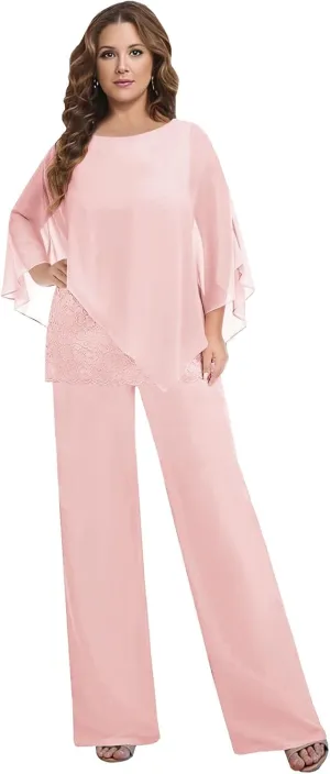 2 Pieces Mother of The Bride Pant Suits for Women Dressy Wedding Guest Pantsuit Cape Chiffon Formal Evening Outfit