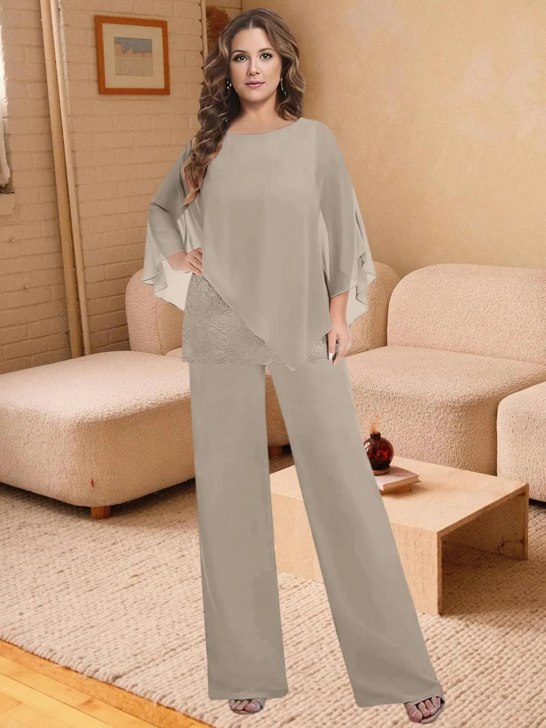 2 Pieces Mother of The Bride Pant Suits for Women Dressy Wedding Guest Pantsuit Cape Chiffon Formal Evening Outfit