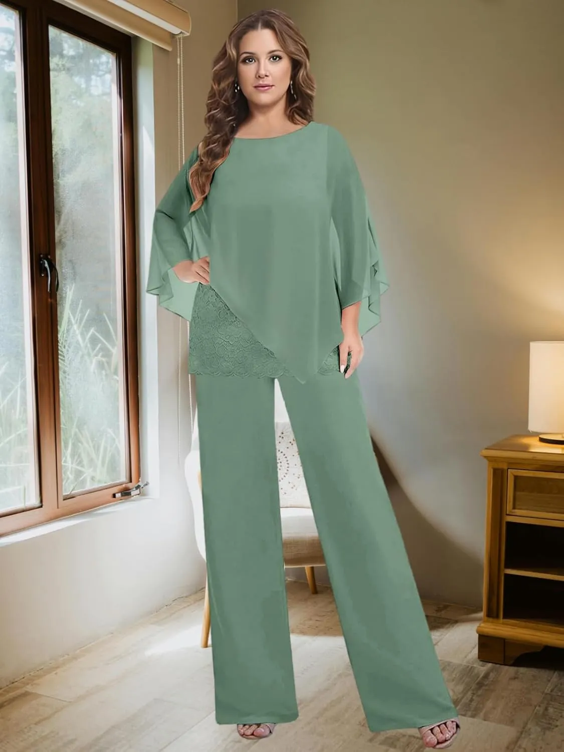2 Pieces Mother of The Bride Pant Suits for Women Dressy Wedding Guest Pantsuit Cape Chiffon Formal Evening Outfit