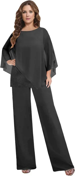 2 Pieces Mother of The Bride Pant Suits for Women Dressy Wedding Guest Pantsuit Cape Chiffon Formal Evening Outfit