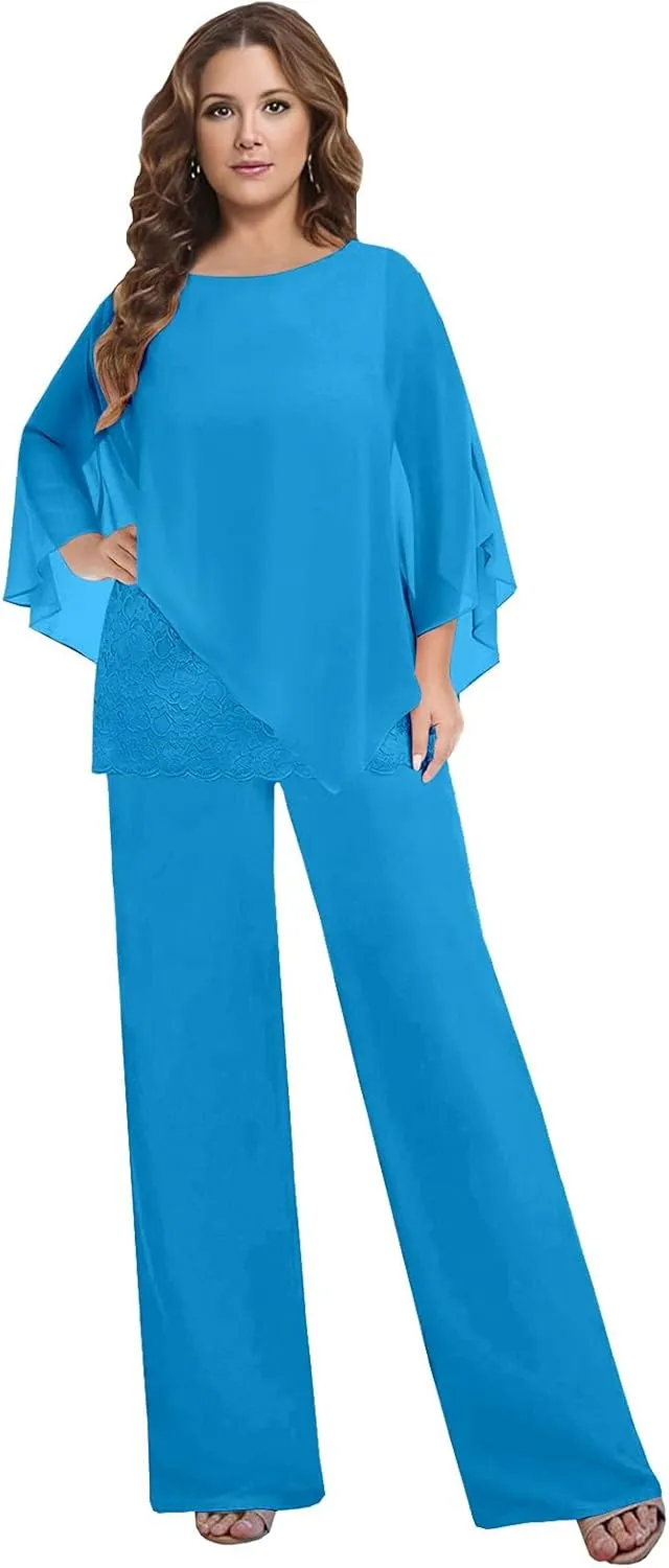 2 Pieces Mother of The Bride Pant Suits for Women Dressy Wedding Guest Pantsuit Cape Chiffon Formal Evening Outfit