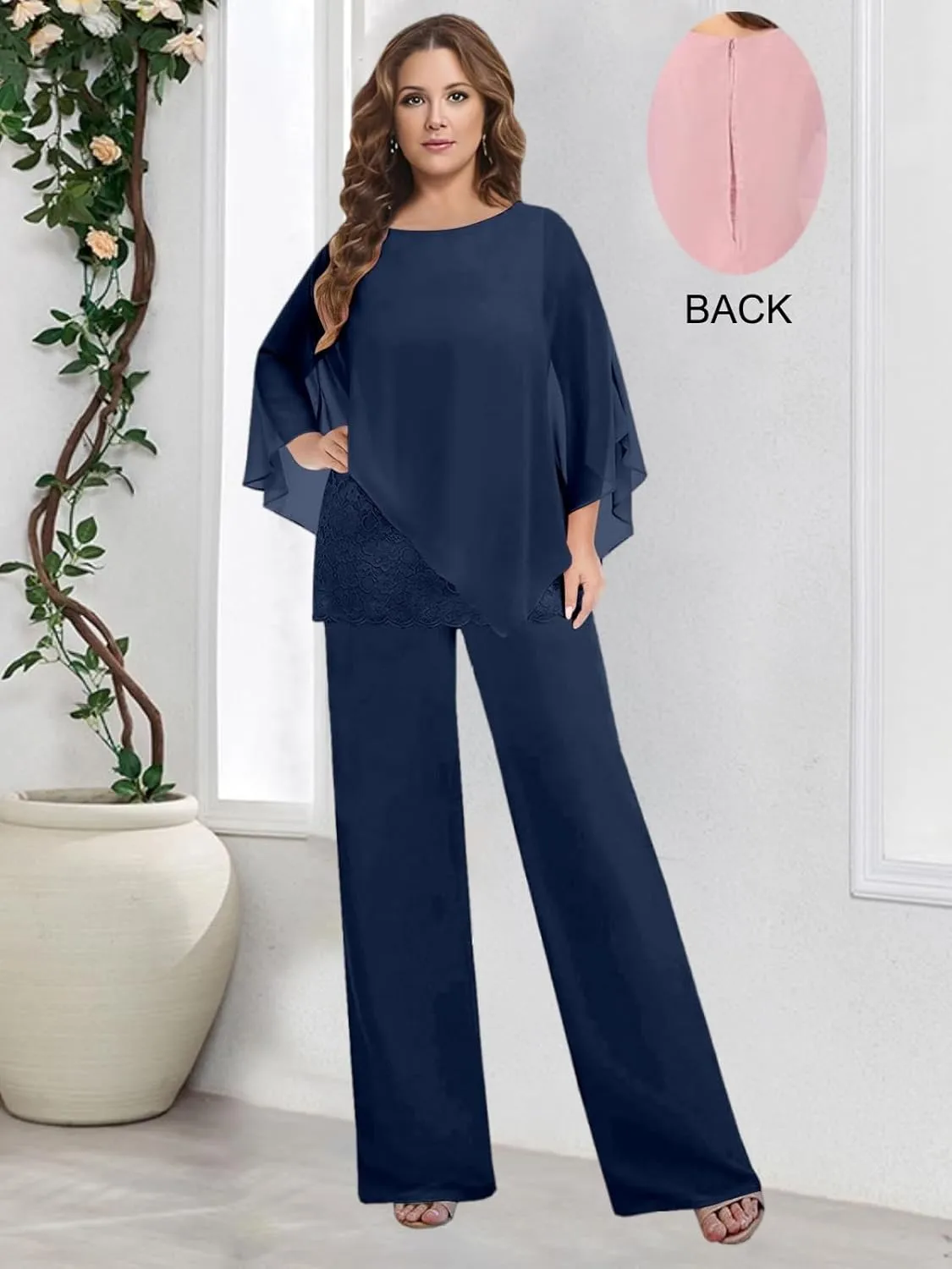 2 Pieces Mother of The Bride Pant Suits for Women Dressy Wedding Guest Pantsuit Cape Chiffon Formal Evening Outfit