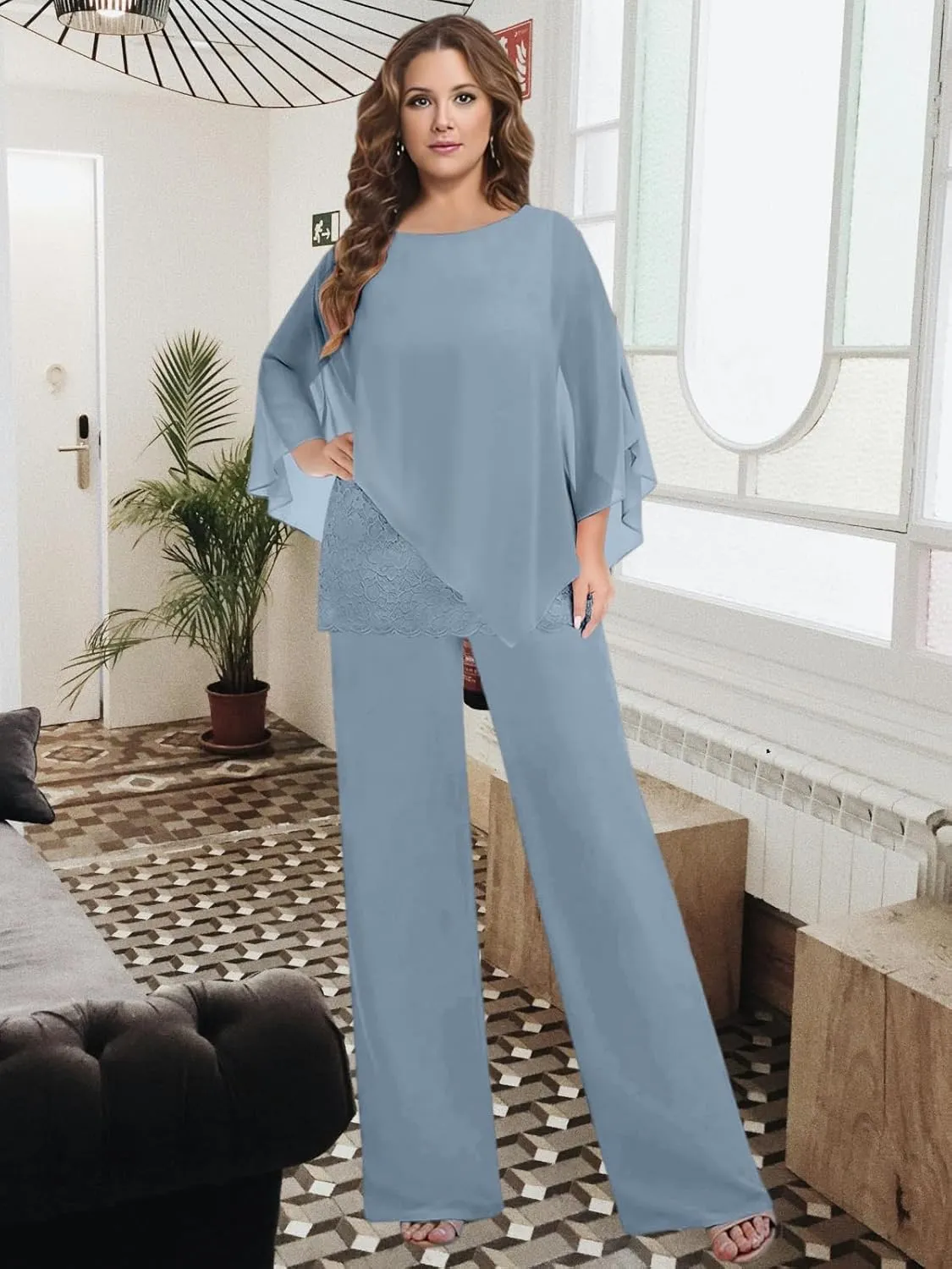 2 Pieces Mother of The Bride Pant Suits for Women Dressy Wedding Guest Pantsuit Cape Chiffon Formal Evening Outfit