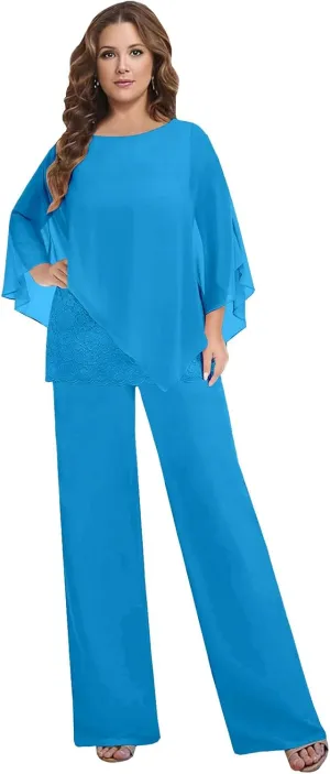 2 Pieces Mother of The Bride Pant Suits for Women Dressy Wedding Guest Pantsuit Cape Chiffon Formal Evening Outfit
