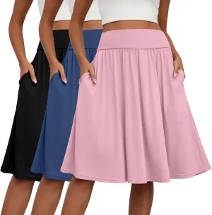 3 Pcs Womens Midi Skirts Knee Length with Pockets Casual High Waisted 2025 Trendy Summer Midi Skirt for Ladies