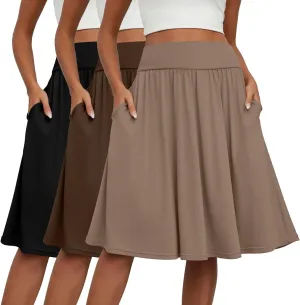 3 Pcs Womens Midi Skirts Knee Length with Pockets Casual High Waisted 2025 Trendy Summer Midi Skirt for Ladies
