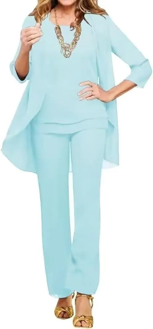 3 Pieces Mother of The Bride Pant Suits for Wedding Chiffon Pant Suits for Women Dressy Formal Outfit Sets