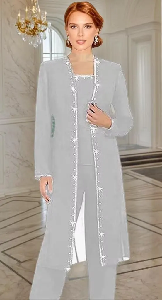 3 Pieces Mother of The Bride Pantsuits for Wedding Long Sleeve Formal Pant Suits for Women