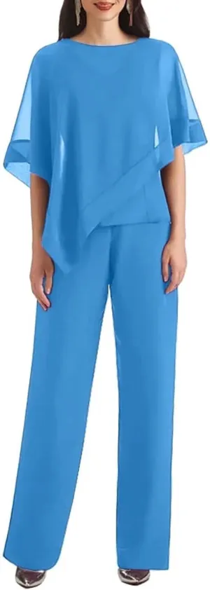 3 Pieces Pantsuits for Women with Cape Sleeve Jacket Chiffon Mother of The Bride Pant Suits Formal Evening Dresses