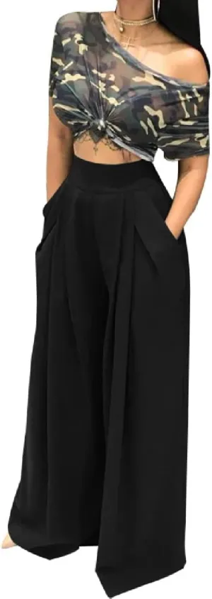 A ADILACA Wide Leg Pants for Women, Palazzo Pants for Women, Womens Casual Lounge Work Business High Waisted Flowy Pants