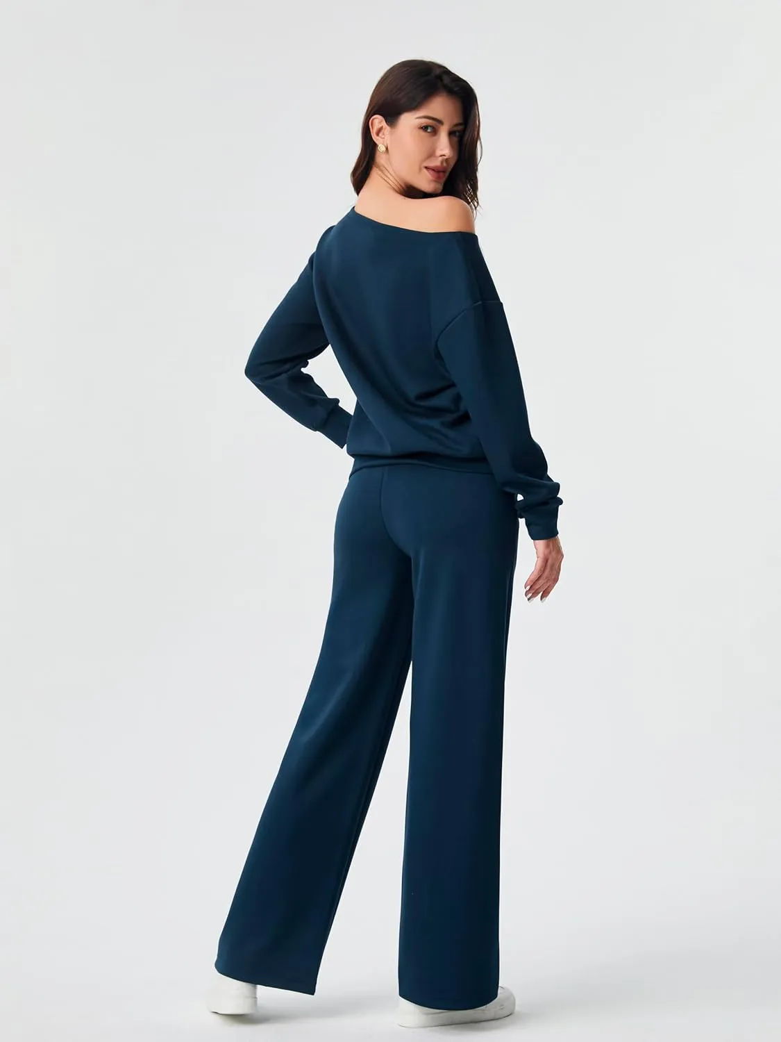 AFITNE Women 2 Piece Outfits Sets Off-Shoulder Long Sleeve Wide Leg Tracksuits with Pockets