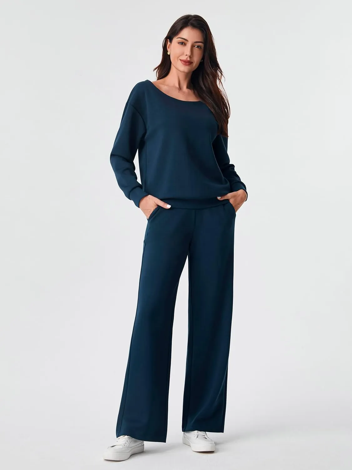 AFITNE Women 2 Piece Outfits Sets Off-Shoulder Long Sleeve Wide Leg Tracksuits with Pockets