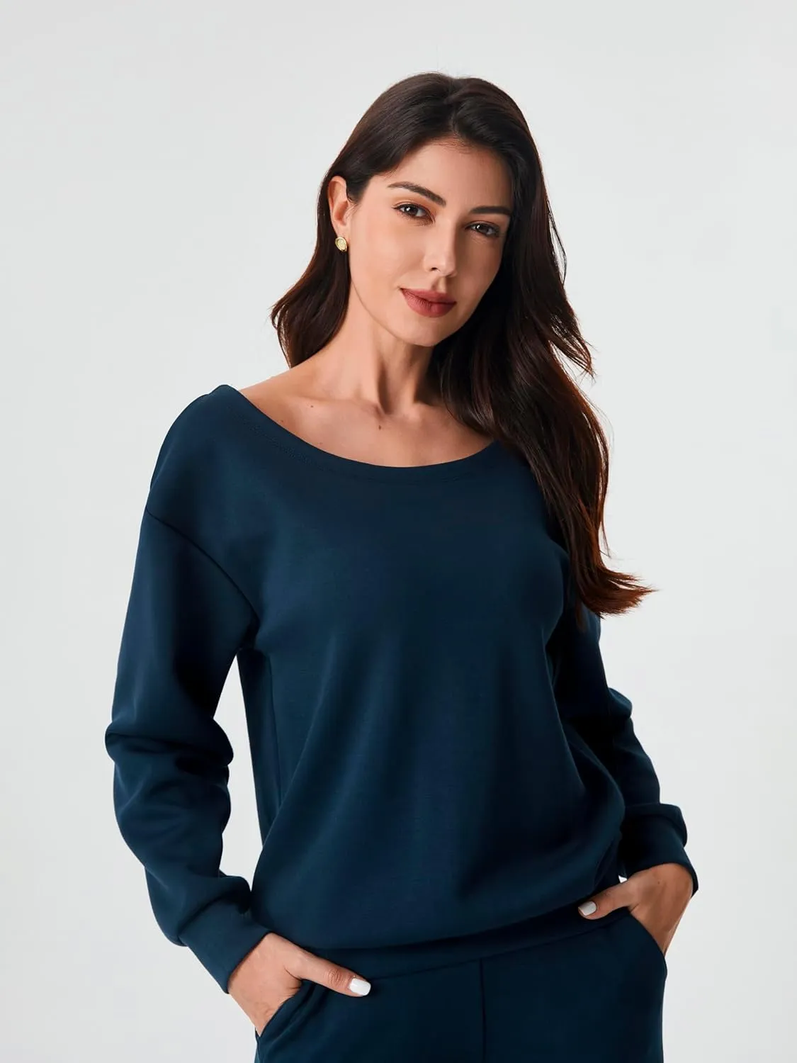 AFITNE Women 2 Piece Outfits Sets Off-Shoulder Long Sleeve Wide Leg Tracksuits with Pockets