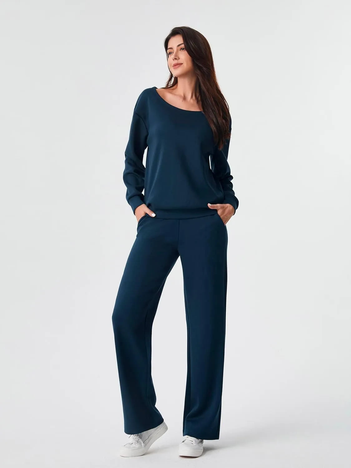 AFITNE Women 2 Piece Outfits Sets Off-Shoulder Long Sleeve Wide Leg Tracksuits with Pockets