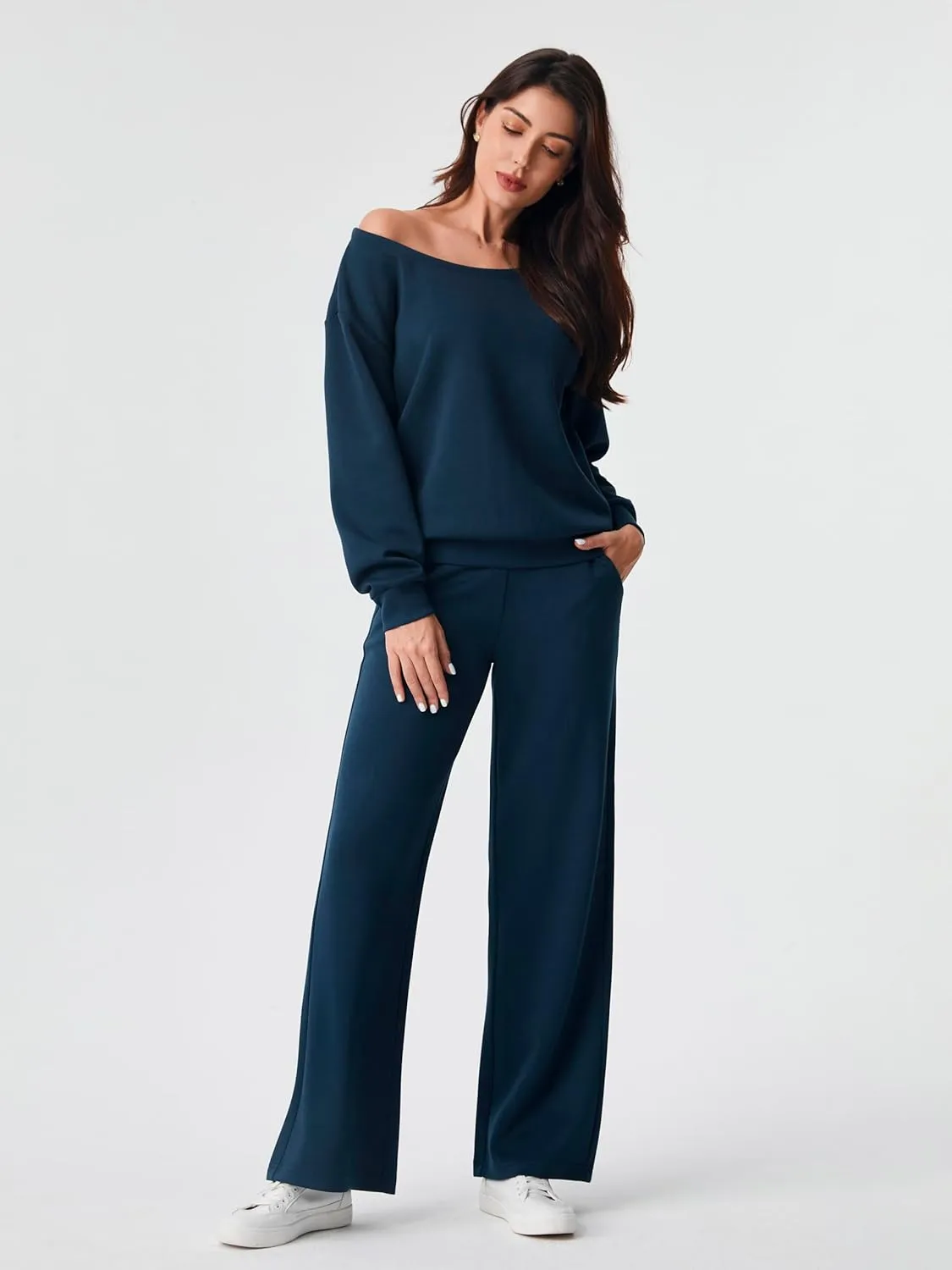 AFITNE Women 2 Piece Outfits Sets Off-Shoulder Long Sleeve Wide Leg Tracksuits with Pockets