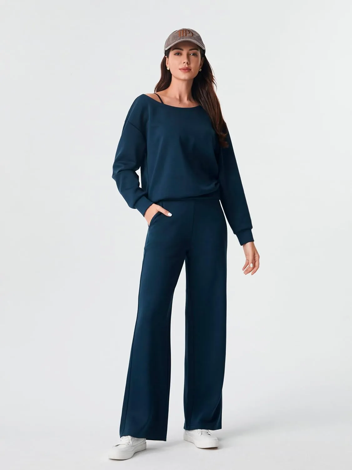 AFITNE Women 2 Piece Outfits Sets Off-Shoulder Long Sleeve Wide Leg Tracksuits with Pockets