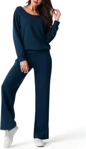 AFITNE Women 2 Piece Outfits Sets Off-Shoulder Long Sleeve Wide Leg Tracksuits with Pockets
