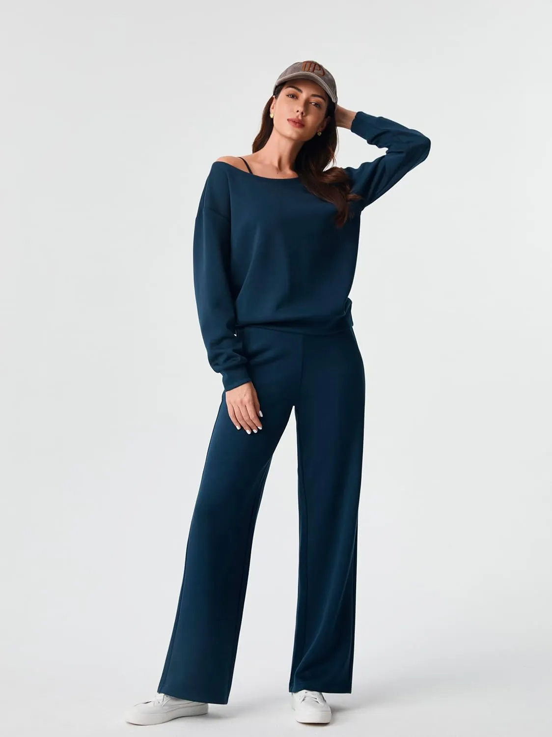 AFITNE Women 2 Piece Outfits Sets Off-Shoulder Long Sleeve Wide Leg Tracksuits with Pockets