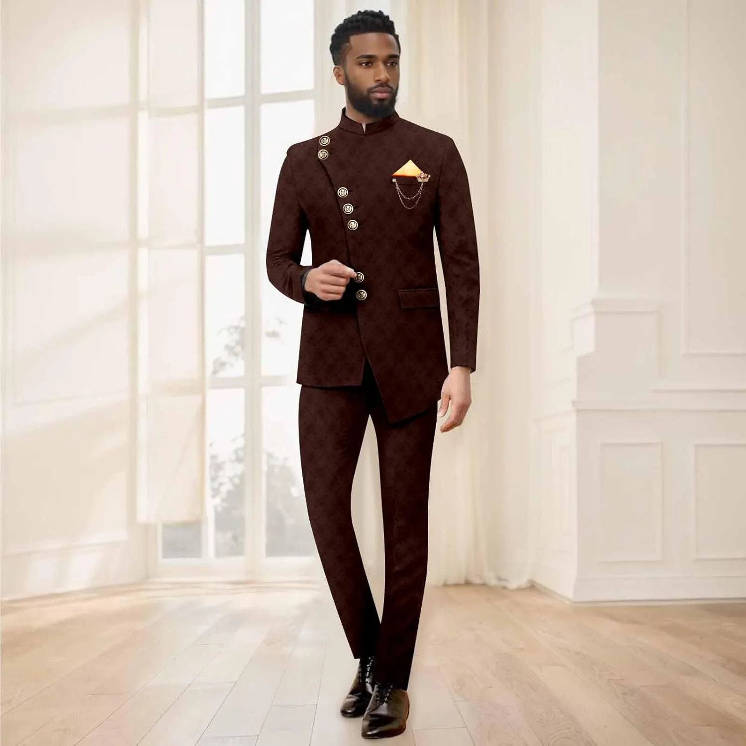 African Suits for Men Slim Fit Single Breasted Brooch Blazer and Pants Set Formal Suit Dashiki Outfits