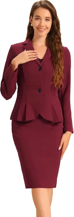 Allegra K Skirt Suit Sets for Women's 2 Piece Formal Office Notched Lapel Peplum Jacket Blazer Pencil Skirts Set