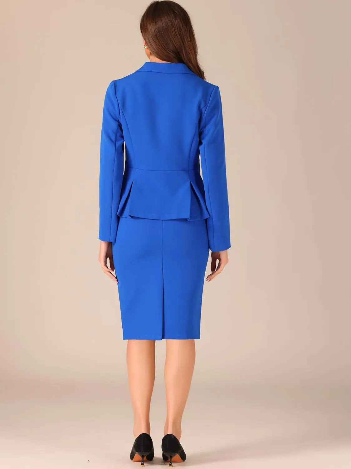 Allegra K Skirt Suit Sets for Women's 2 Piece Formal Office Notched Lapel Peplum Jacket Blazer Pencil Skirts Set