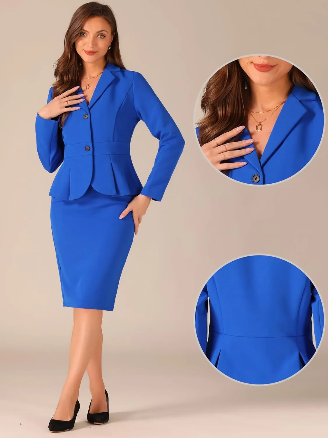 Allegra K Skirt Suit Sets for Women's 2 Piece Formal Office Notched Lapel Peplum Jacket Blazer Pencil Skirts Set