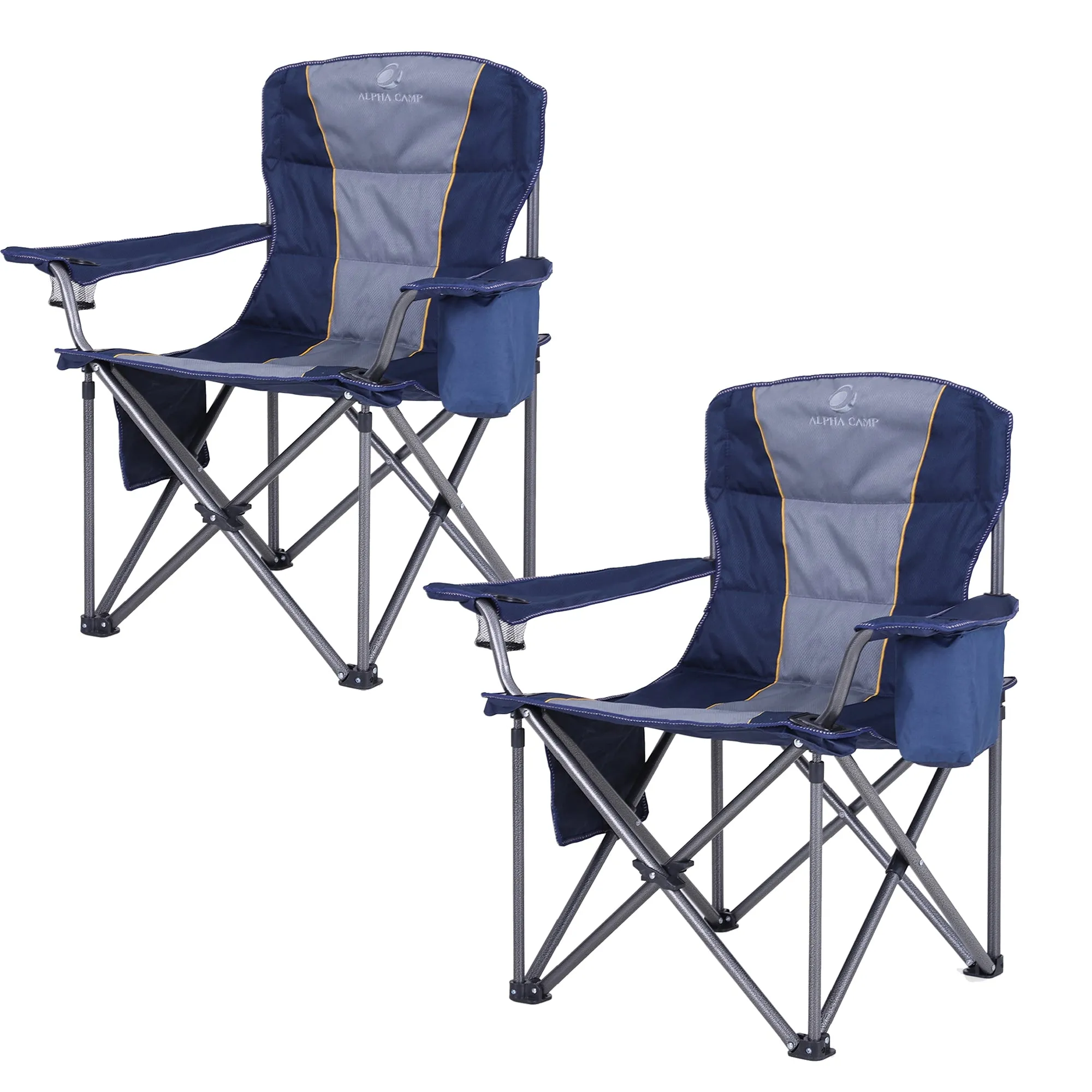 ALPHA CAMP Set of 2 Foldable Camping Chair Oversized Padded Heavy Duty Portable Quad Chair with Cooler Bag & Cup Holder Supports 450lbs, Black