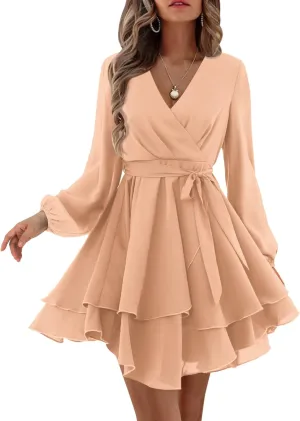 Amoretu Women's 2024 Summer Wrap Dress Long Sleeve Casual V Neck Ruffle Mini Dresses