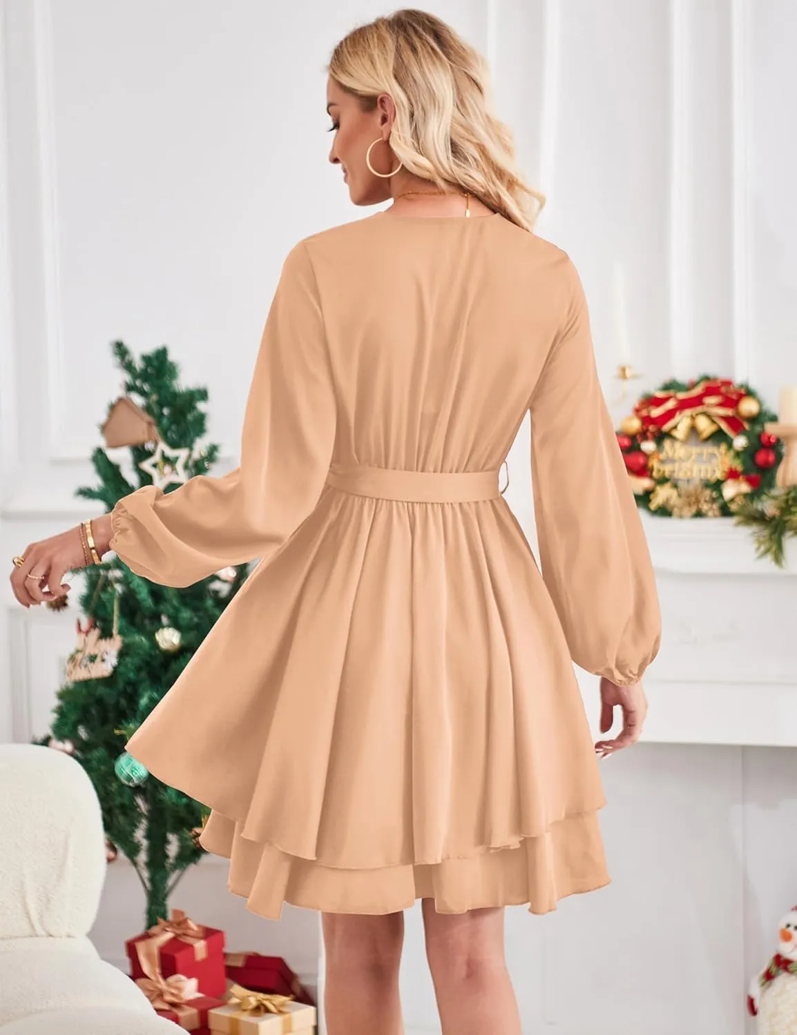 Amoretu Women's 2024 Summer Wrap Dress Long Sleeve Casual V Neck Ruffle Mini Dresses