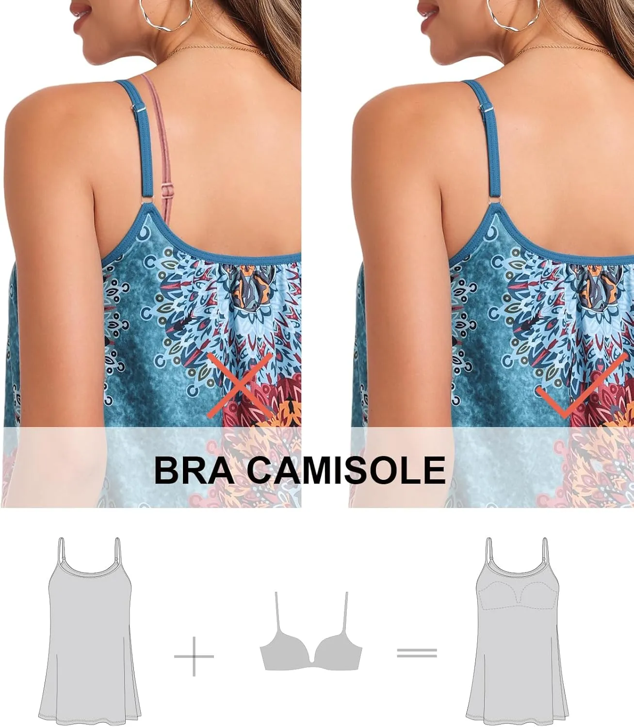 AMVELOP Camisole for Women Built in Bra Casual Pleated Cami Adjustable Spaghetti Strap Tank Top Loose Fit S-XXXXL