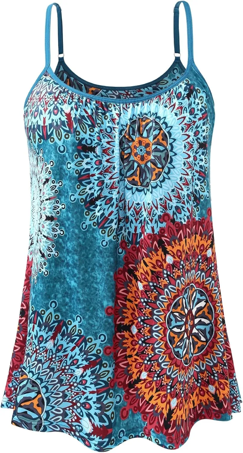 AMVELOP Camisole for Women Built in Bra Casual Pleated Cami Adjustable Spaghetti Strap Tank Top Loose Fit S-XXXXL