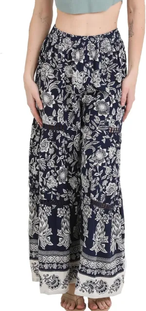 Angie Women's Floral Wide Leg Pants with Lace Inserts