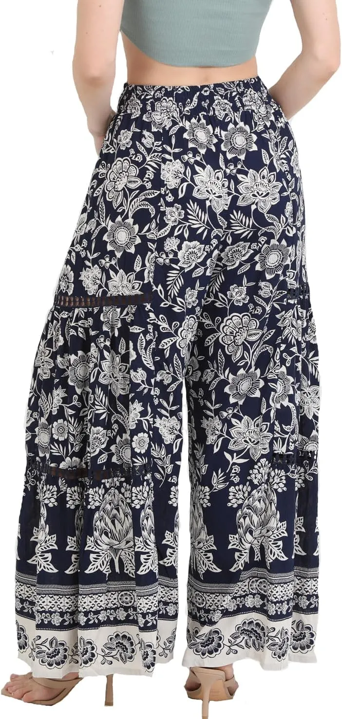 Angie Women's Floral Wide Leg Pants with Lace Inserts