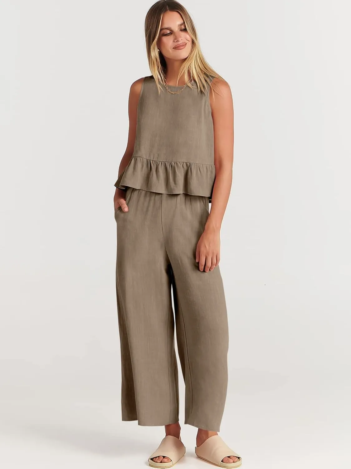 ANRABESS Women Summer 2 Piece Outfits Sleeveless Tank Crop Top Wide Leg Pants Linen Jumpsuits Lounge Matching Beach Sets