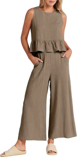 ANRABESS Women Summer 2 Piece Outfits Sleeveless Tank Crop Top Wide Leg Pants Linen Jumpsuits Lounge Matching Beach Sets