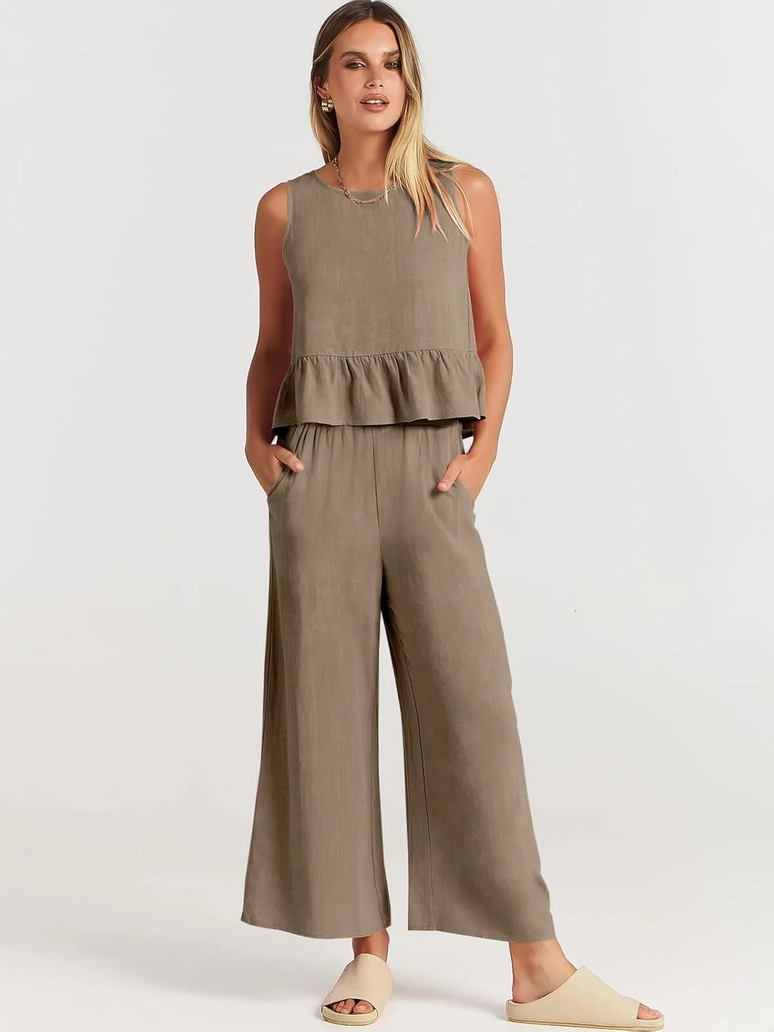 ANRABESS Women Summer 2 Piece Outfits Sleeveless Tank Crop Top Wide Leg Pants Linen Jumpsuits Lounge Matching Beach Sets