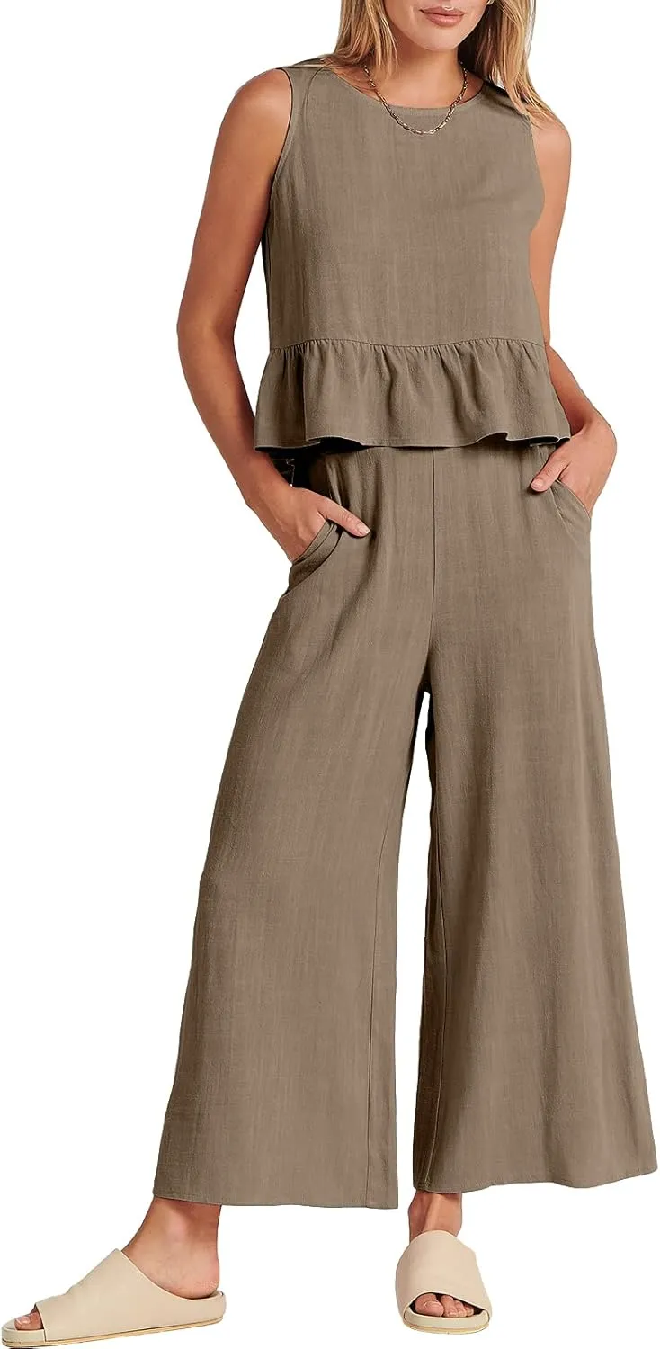 ANRABESS Women Summer 2 Piece Outfits Sleeveless Tank Crop Top Wide Leg Pants Linen Jumpsuits Lounge Matching Beach Sets