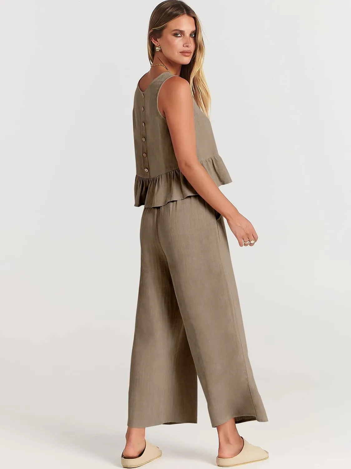 ANRABESS Women Summer 2 Piece Outfits Sleeveless Tank Crop Top Wide Leg Pants Linen Jumpsuits Lounge Matching Beach Sets