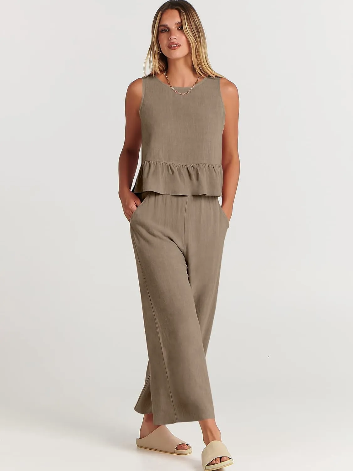 ANRABESS Women Summer 2 Piece Outfits Sleeveless Tank Crop Top Wide Leg Pants Linen Jumpsuits Lounge Matching Beach Sets